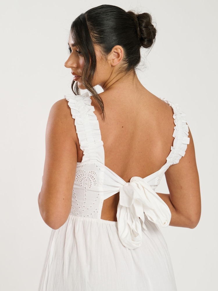 South Beach White Palm Broderie Tie Back 100% Cotton Maxi Dress - Image 5 of 5