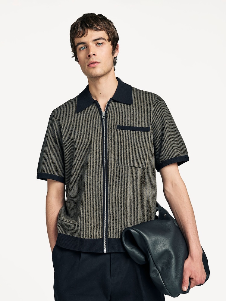 Rag & Bone Black Zuma Jacquard Short Sleeve Zip Through Shirt - Image 1 of 5 Rag & Bone Black Zuma Jacquard Short Sleeve Zip Through Shirt - Image 1 of 5