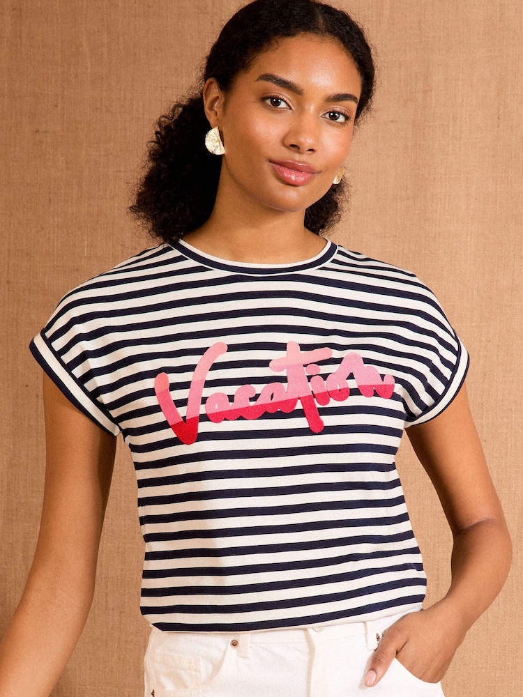 Love & Roses Navy and White Stripe Vacation Crew Neck Jersey T-Shirt - Image 1 of 4