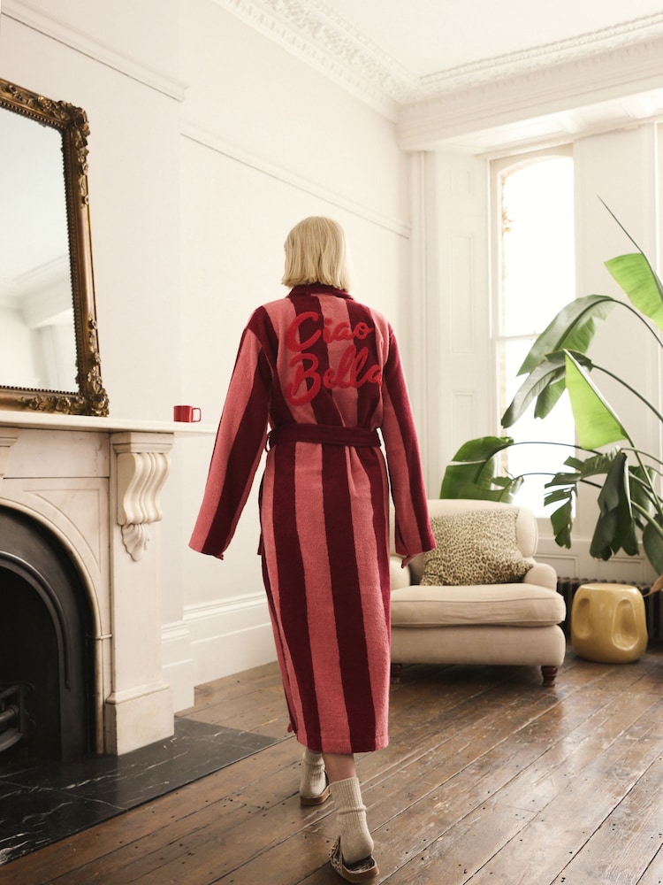 Pink/ Red Stripe Cotton Towelling Robe - Image 1 of 8 Pink/ Red Stripe Cotton Towelling Robe - Image 1 of 8