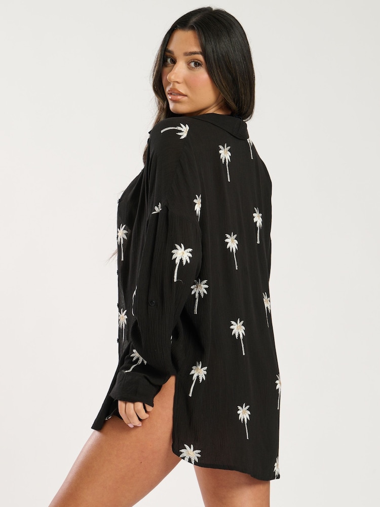 South Beach Black Palm Tree Embroidered Long Sleeve Shirt - Image 2 of 5