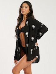 South Beach Black Palm Tree Embroidered Long Sleeve Shirt - Image 3 of 5