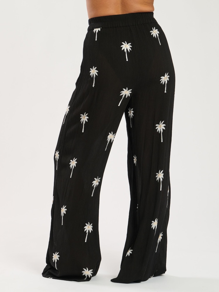Black Palm Tree Embroidered - South Beach Palm Tree Embroidered Beach Trousers - Imagen 2 de 4