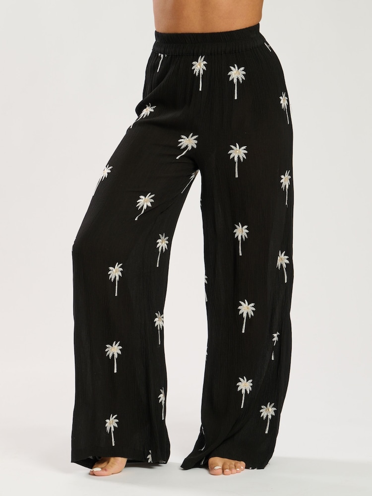 Black Palm Tree Embroidered - South Beach Palm Tree Embroidered Beach Trousers - Imagen 4 de 4