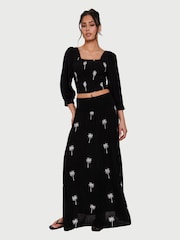 South Beach Black Palm Tree Embroidered Shirred Waist Maxi Skirt - Image 1 of 4