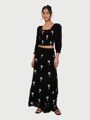 South Beach Black Palm Tree Embroidered Shirred Waist Maxi Skirt - Image 2 of 4