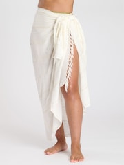 South Beach Cream Metallic Crinkle Viscose Fringed Sarong Cover-Up - Image 3 of 4