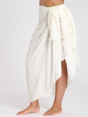 South Beach Cream Metallic Crinkle Viscose Fringed Sarong Cover-Up - Image 4 of 4