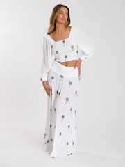 South Beach White Palm Tree Embroidered Shirred Waist Maxi Skirt - Image 2 of 4
