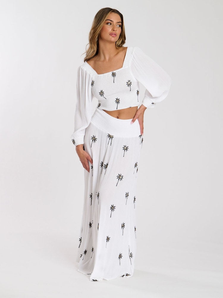 South Beach White Palm Tree Embroidered Shirred Waist Maxi Skirt - Image 2 of 4