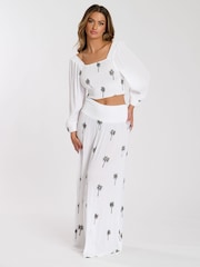 South Beach White Palm Tree Embroidered Shirred Waist Maxi Skirt - Image 3 of 4