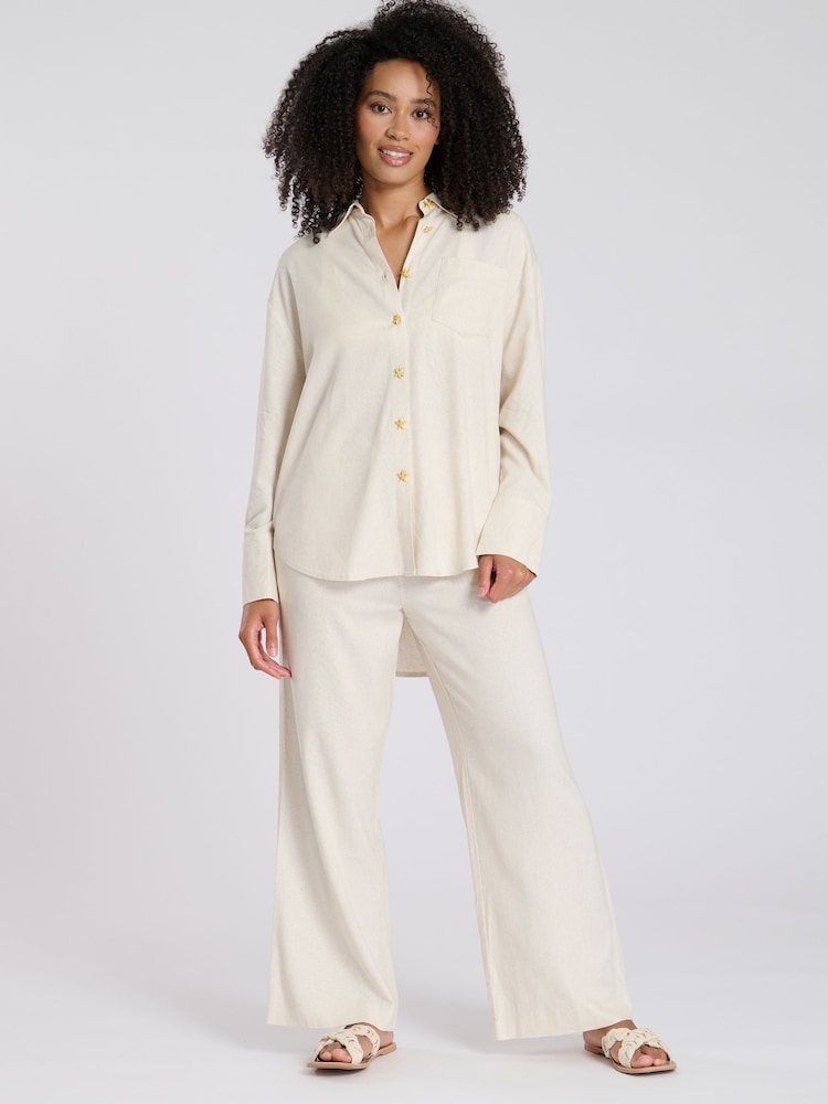 South Beach Brown Starfish Button Linen Blend Shirt - Image 2 of 4