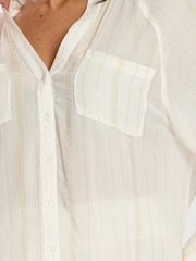 South Beach Cream Metallic Stripe Sheer Balloon Sleeve Beach Shirt - Image 2 of 5