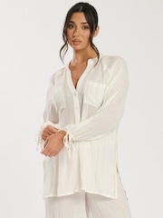 South Beach Cream Metallic Stripe Sheer Balloon Sleeve Beach Shirt - Image 3 of 5