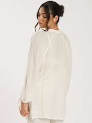 South Beach Cream Metallic Stripe Sheer Balloon Sleeve Beach Shirt - Image 5 of 5