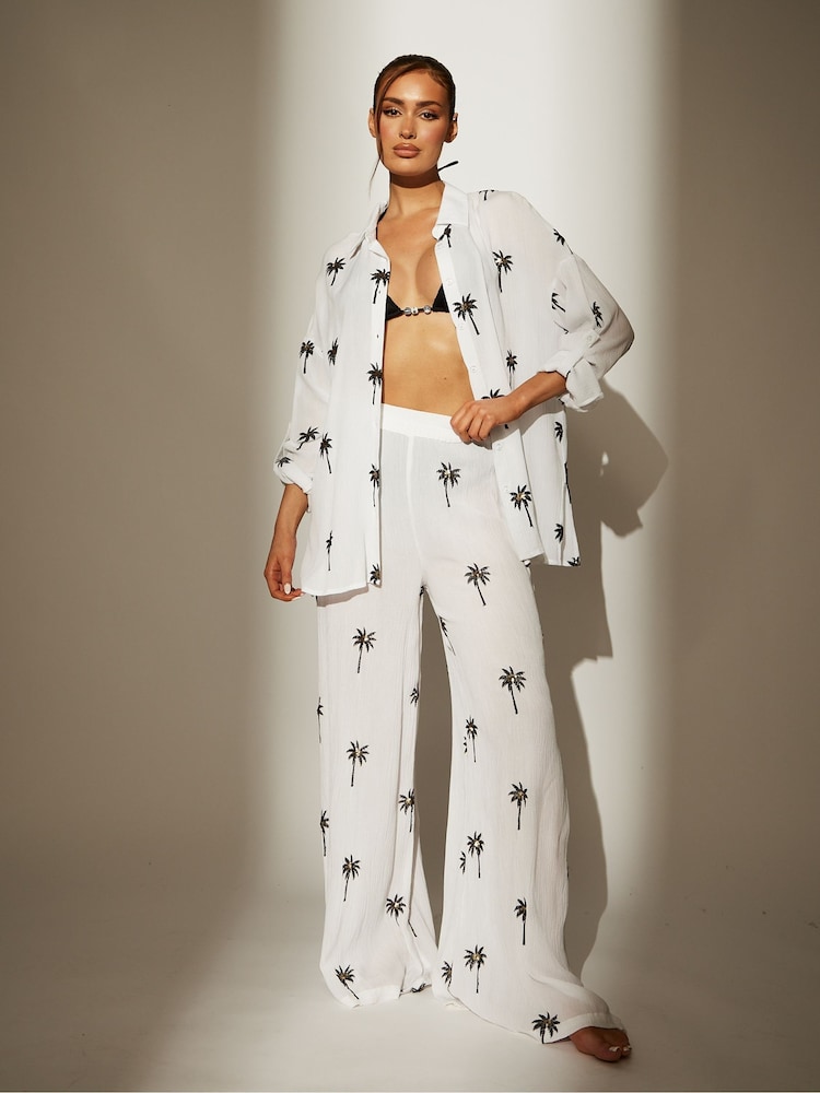 South Beach White Palm Tree Embroidered Sheer Beach Trousers - Image 3 of 4