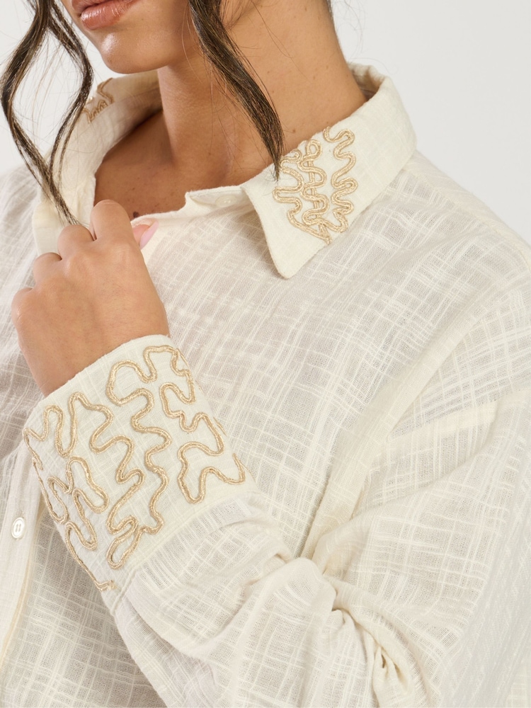 South Beach Cream 100% Cotton Contrast Piping Shirt - Image 5 of 5