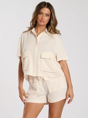 South Beach Ivory Ivory Linen Blend Tie Waist Utility Pocket Shorts - Image 1 of 4