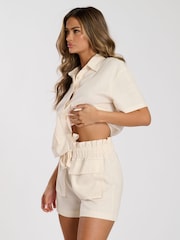South Beach Ivory Ivory Linen Blend Tie Waist Utility Pocket Shorts - Image 3 of 4