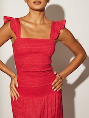 Roze - South Beach Shirred Square Neck Frill 100% Cotton Strap Top - Image 1 of 5