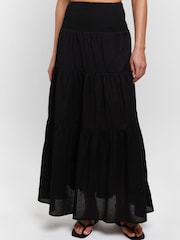 South Beach Black Shirred Waist 100% Cotton Maxi Skirt - Image 1 of 4