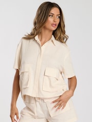 South Beach Cream Cream Linen Blend Short Sleeve Utility Shirt - Image 1 of 4