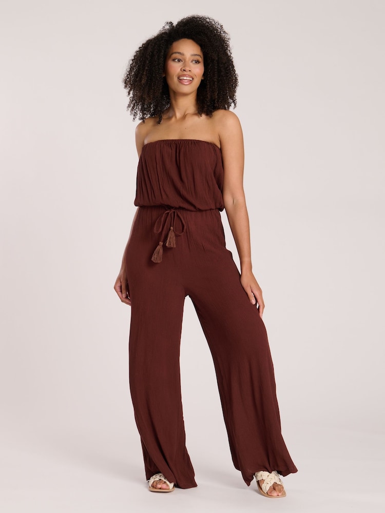 Marrón - South Beach Crinkle Viscose Sheer Strapless Jumpsuit - Imagen 1 de 4