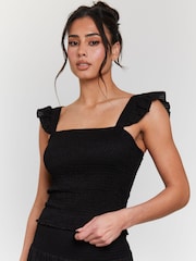South Beach Black Shirred Square Neck Frill 100% Cotton Strap Top - Image 1 of 5