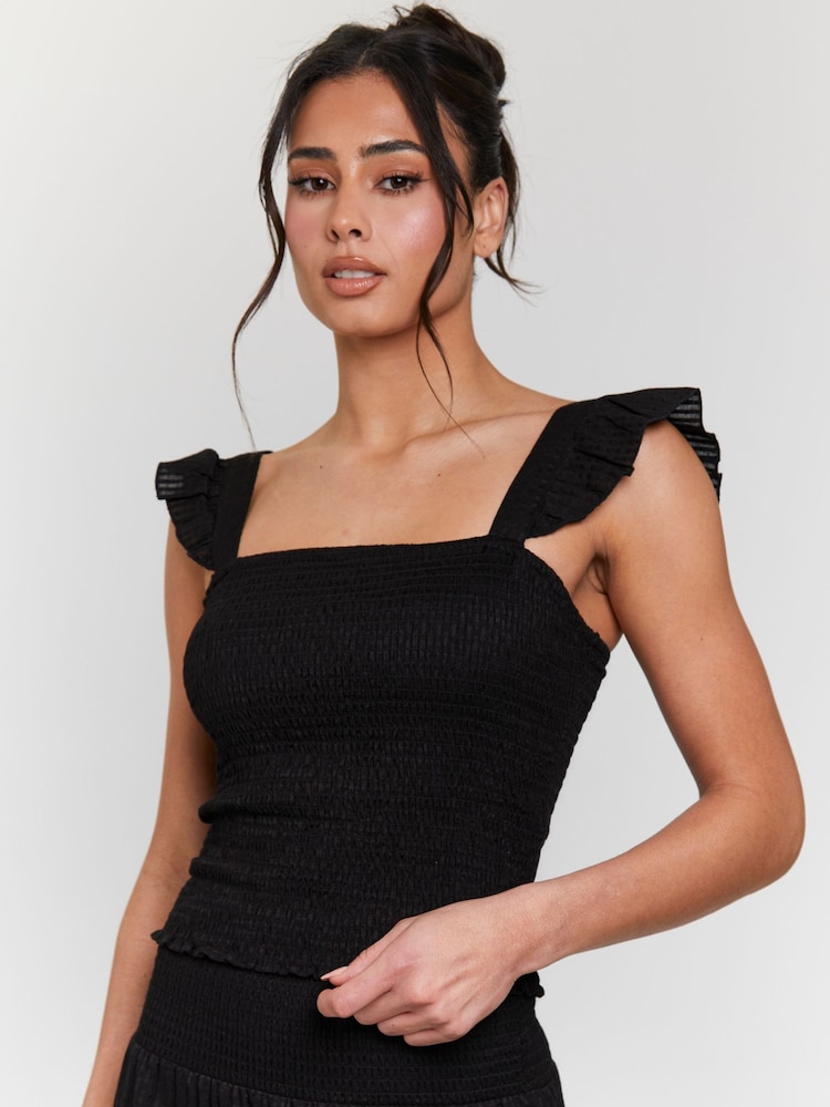 South Beach Black Shirred Square Neck Frill 100% Cotton Strap Top - Image 1 of 5