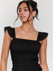 South Beach Black Shirred Square Neck Frill 100% Cotton Strap Top - Image 2 of 5