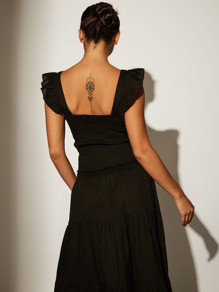 South Beach Black Shirred Square Neck Frill 100% Cotton Strap Top - Image 2 of 5 South Beach Black Shirred Square Neck Frill 100% Cotton Strap Top - Image 2 of 5