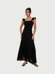 South Beach Black Shirred Square Neck Frill 100% Cotton Strap Top - Image 4 of 5
