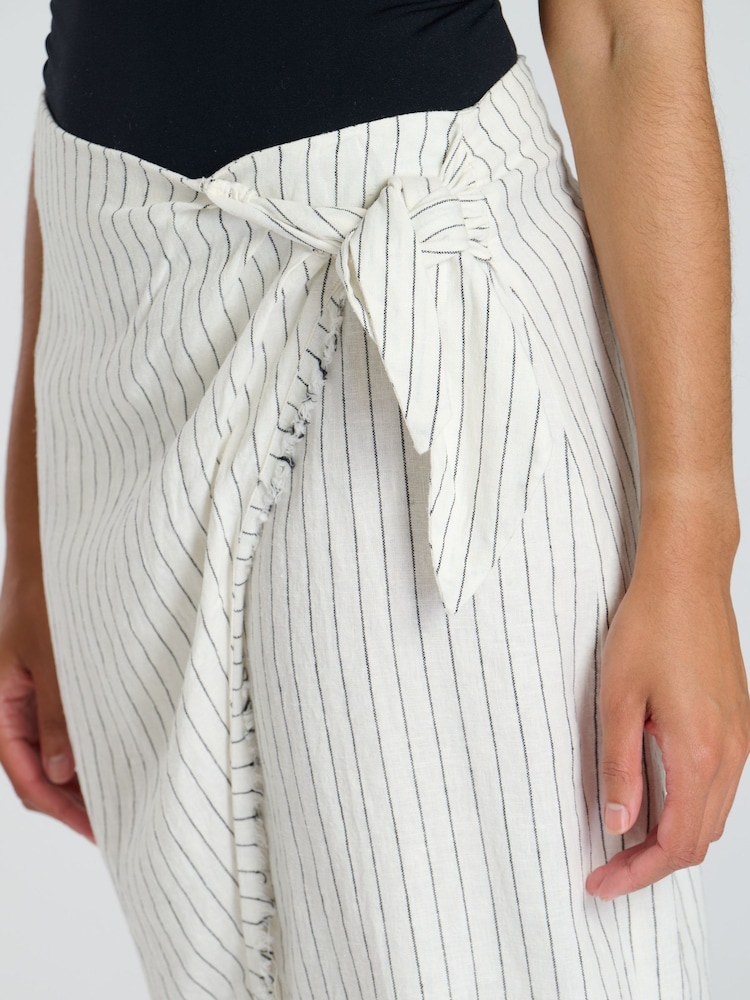 South Beach Cream Stripe Linen Blend Fringe Wrap Skirt - Image 3 of 4