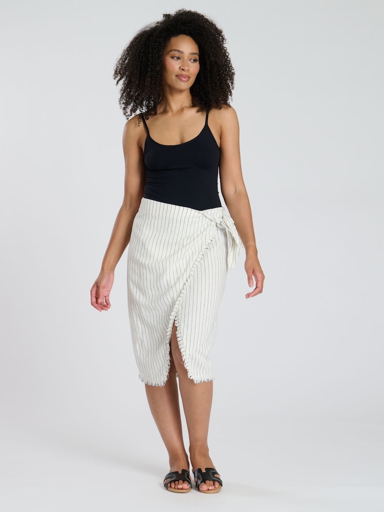 South Beach Stripe Linen Blend Fringe Wrap Skirt - Image 4 of 4