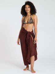 South Beach Brown Crinkle Viscose Fringed Sarong Cover-Up - Image 1 of 3