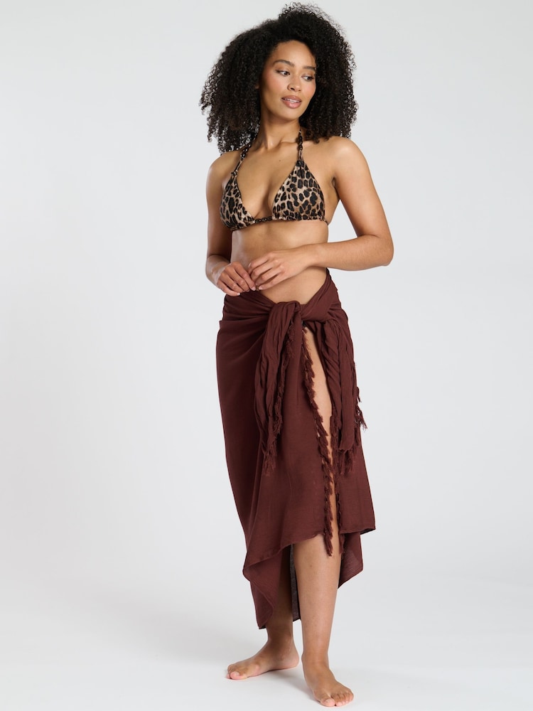 South Beach Brown Crinkle Viscose Fringed Sarong Cover-Up - Image 2 of 3