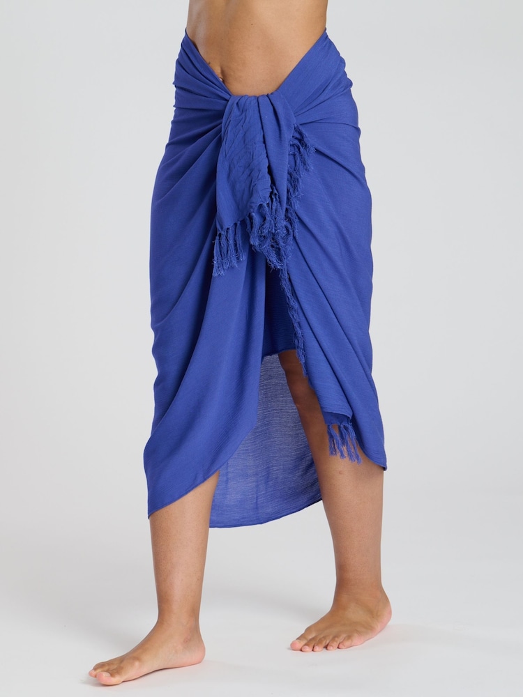 South Beach Blue Crinkle Viscose Fringed Sarong Cover-Up - Image 3 of 3