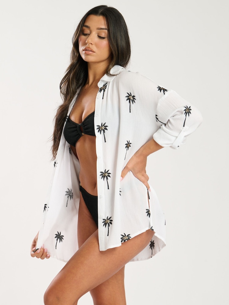 South Beach White Palm Tree Embroidered Long Sleeve Shirt - Image 1 of 5