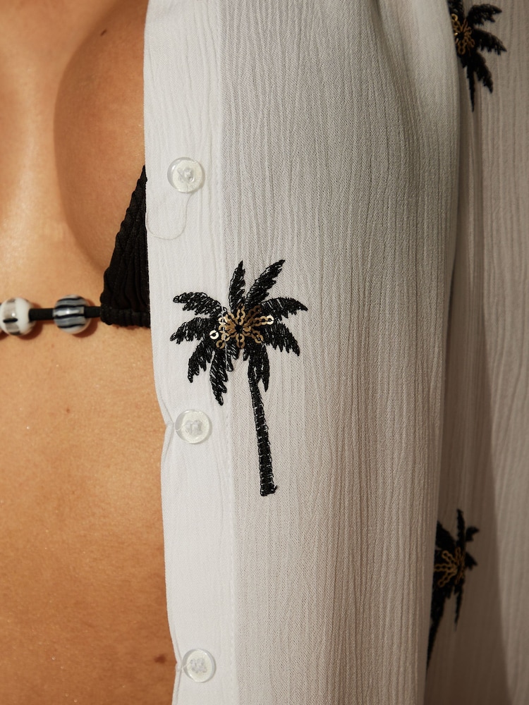 South Beach White Palm Tree Embroidered Long Sleeve Shirt - Image 4 of 4 South Beach White Palm Tree Embroidered Long Sleeve Shirt - Image 4 of 4