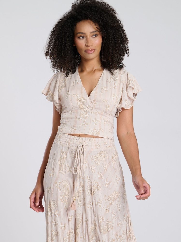 South Beach Natural Printed Metallic Frill Wrap Top - Image 1 of 4