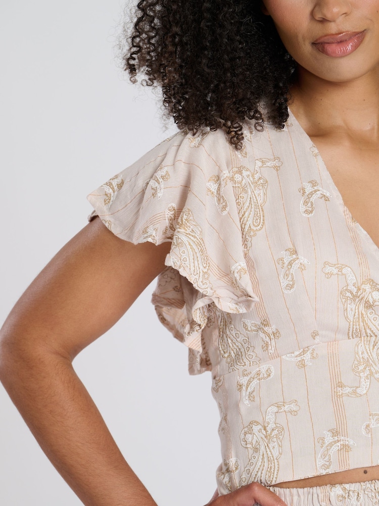 South Beach Natural Printed Metallic Frill Wrap Top - Image 2 of 4