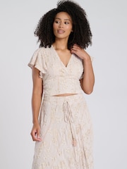 South Beach Natural Printed Metallic Frill Wrap Top - Image 3 of 4