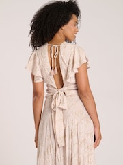 South Beach Natural Printed Metallic Frill Wrap Top - Image 4 of 4