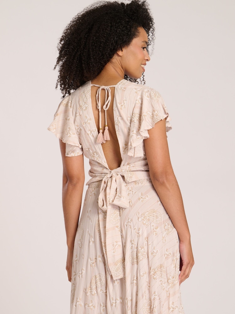 South Beach Natural Printed Metallic Frill Wrap Top - Image 4 of 4