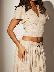 South Beach Natural Printed Metallic Frill Wrap Top - Image 5 of 6