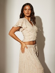 South Beach Natural Printed Metallic Frill Wrap Top - Image 6 of 6
