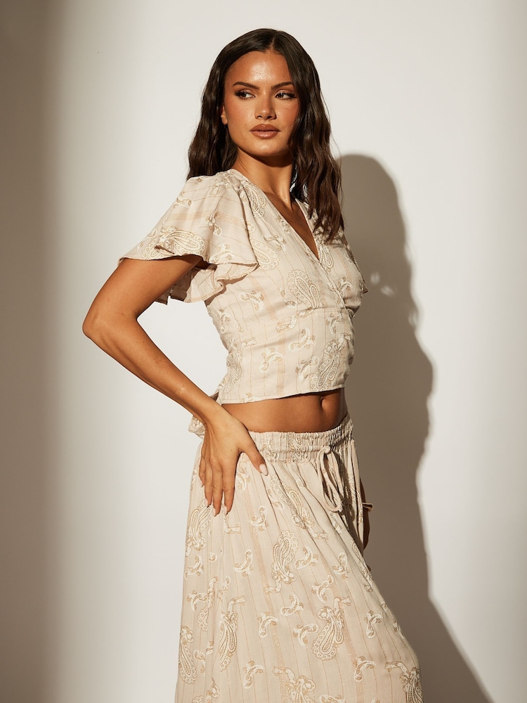 South Beach Natural Printed Metallic Frill Wrap Top - Image 6 of 6