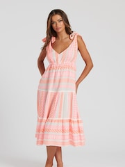 South Beach Pink Jacquard Tie Shoulder 100% Cotton Midi Dress - Image 3 of 6