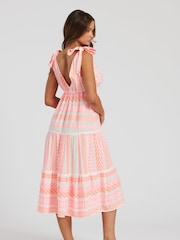 South Beach Pink Jacquard Tie Shoulder 100% Cotton Midi Dress - Image 4 of 6
