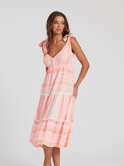 South Beach Pink Jacquard Tie Shoulder 100% Cotton Midi Dress - Image 5 of 6